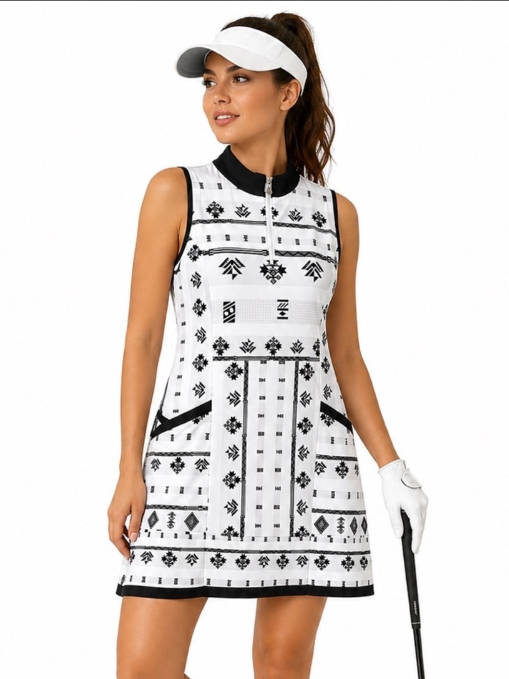 ACEGOLFS Sport Dress UPF 50+ Black White Golf Tennis Pickleball Zip Pockets